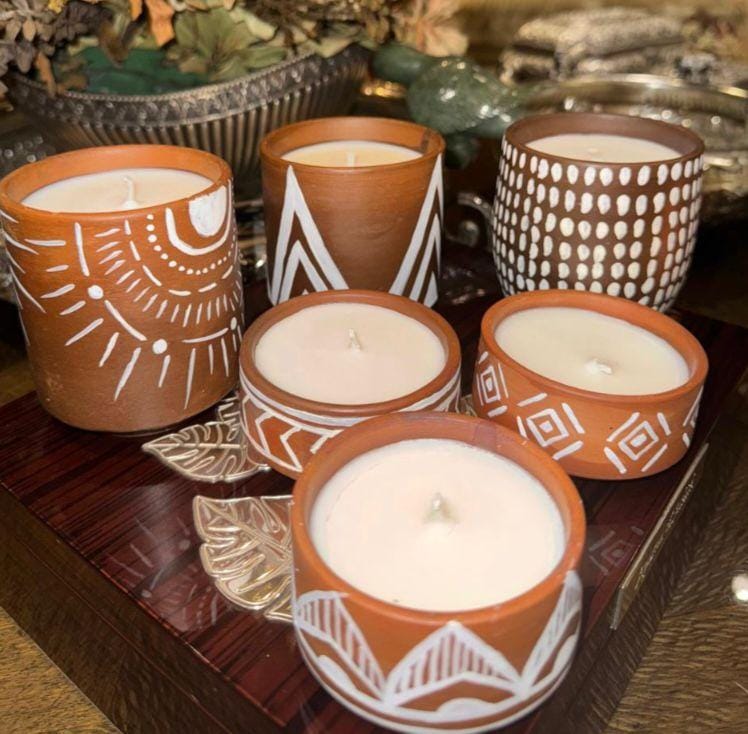 Hand-Painted Terracotta Candle Set of 6 – Soy Wax, Artistic Designs