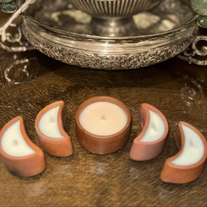 Hand-Painted Terracotta Candle Set of 5 – Soy Wax, Moon & Round Shapes