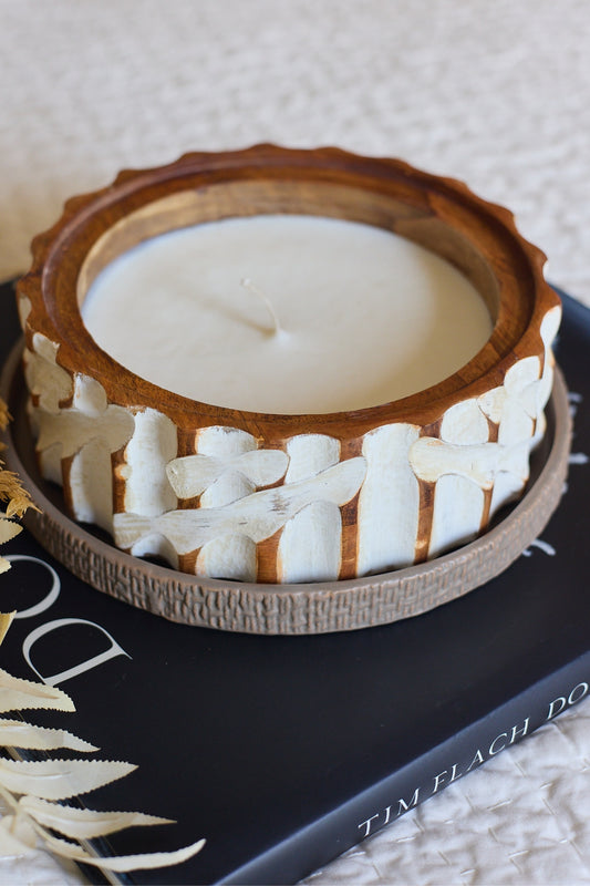 Jasmine Oudh-twist Vanilla candle- Plain Top (White Tribal Painted wooden bowl, Large Size)
