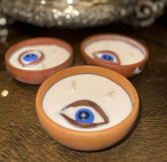 Hand-Painted Terracotta Candle – Evil Eye Design, Artistic Decor