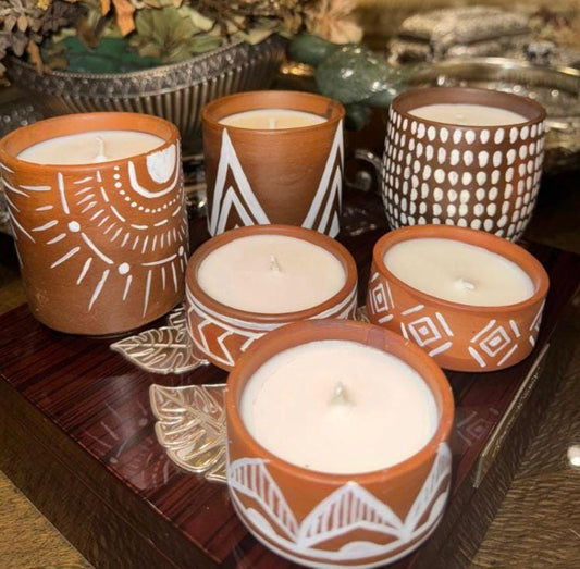 Hand-Painted Terracotta Candle Set of 6 – Soy Wax, Artistic Designs