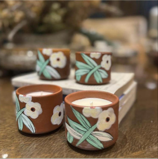 Hand-Painted Terracotta Candle – Floral Design, Soy Wax